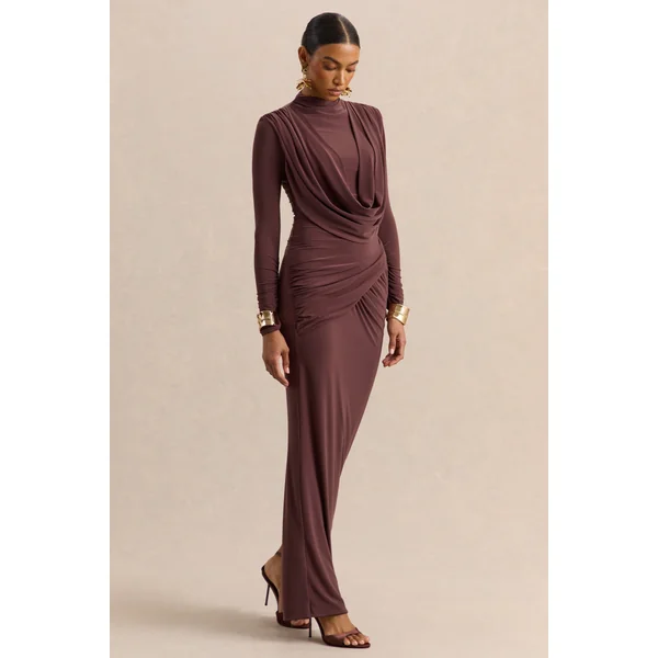 Karinthia | Robe longue marron à encolure haute et détails drapés