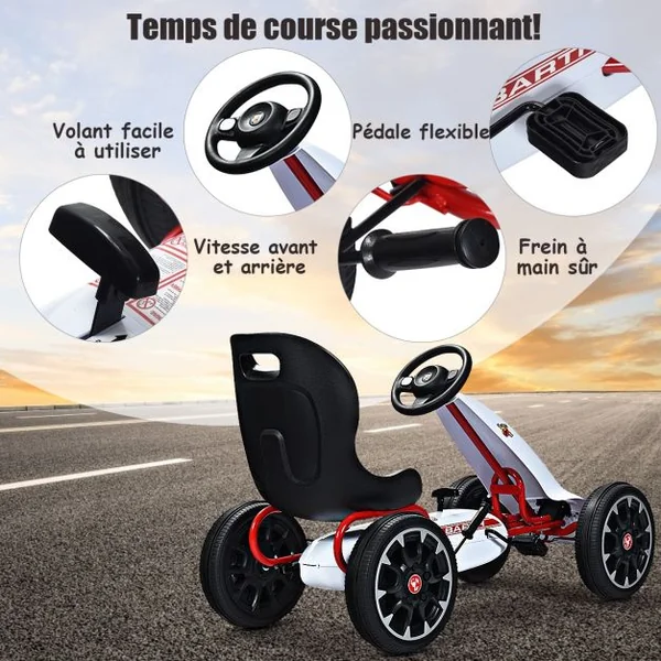 Kart à Pédales d’Extérieur pour Enfants avec Siège Réglable avec Pneus Diamètre de 30cm Blanc