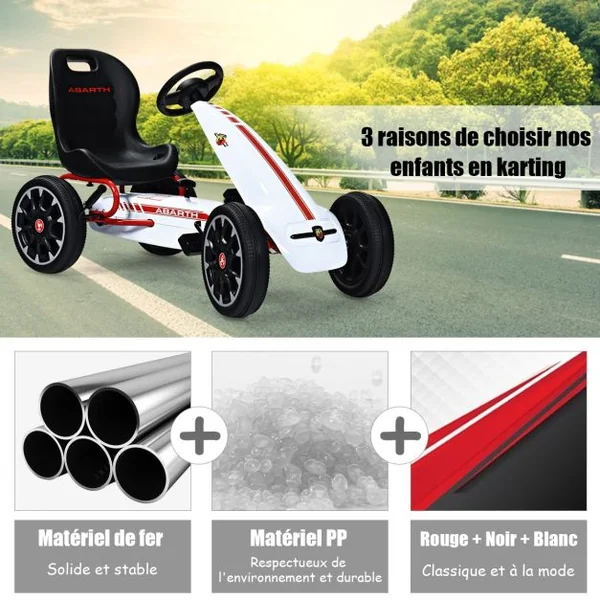 Kart à Pédales d’Extérieur pour Enfants avec Siège Réglable avec Pneus Diamètre de 30cm Blanc