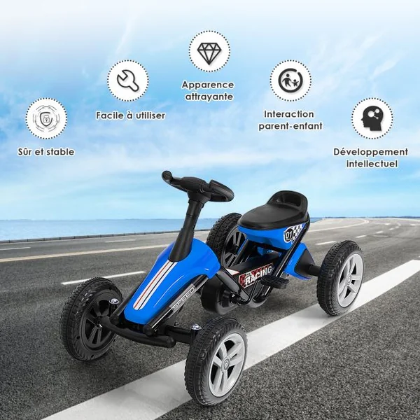 Kart à Pédales Enfants avec Système à Pédalier Vélo et Véhicule Enfants Intérieur Extérieur avec 4 Roues Charge 25KG Bleu