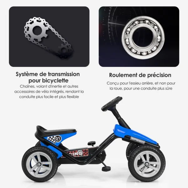 Kart à Pédales Enfants avec Système à Pédalier Vélo et Véhicule Enfants Intérieur Extérieur avec 4 Roues Charge 25KG Bleu