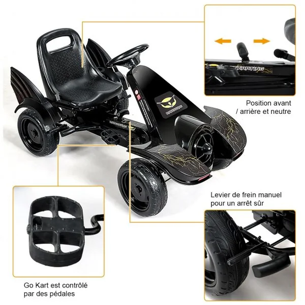 Kart à Pédales pour Enfant de 3 à 8 Ans Go-Kart Siège Ajustable Frein à Main Capacité 30kg en PP Fer 112x62x61cm Noir