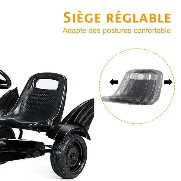 Kart à Pédales pour Enfant de 3 à 8 Ans Go-Kart Siège Ajustable Frein à Main Capacité 30kg en PP Fer 112x62x61cm Noir