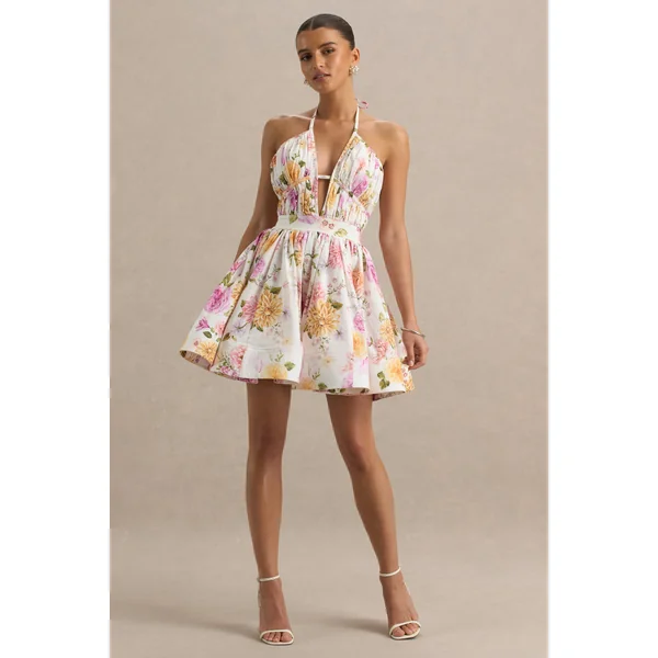 Kasey | Mini-Robe Dos-Nu à Imprimé Fleuri Crème avec Détail à Volants