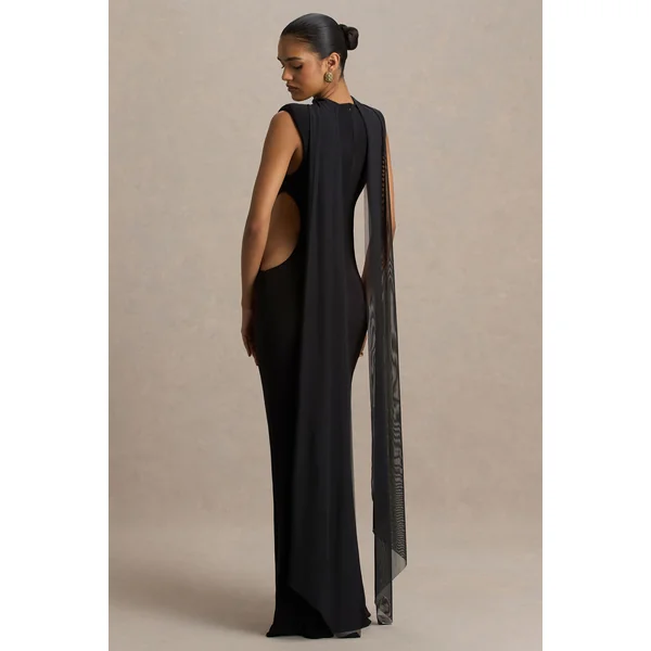 Katara | Robe longue noire à col montant avec découpes sur le corps