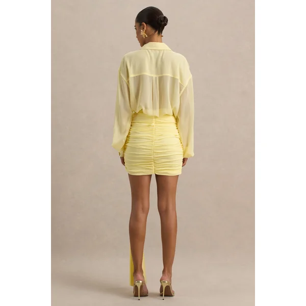 Katelyn | Mini-jupe citron froncée style portefeuille avec détail ceinture