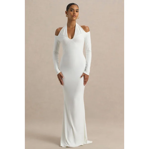 Katrina | Robe longue blanche à décolleté halter avec manches longues