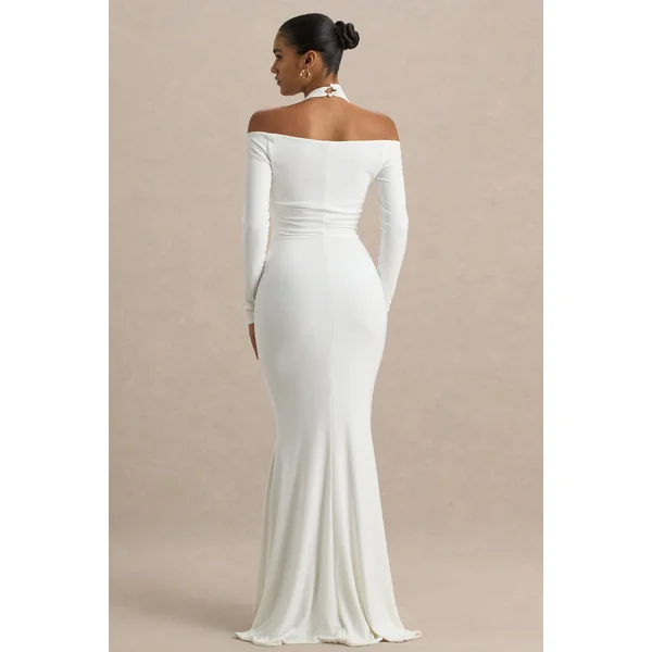 Katrina | Robe longue blanche à décolleté halter avec manches longues