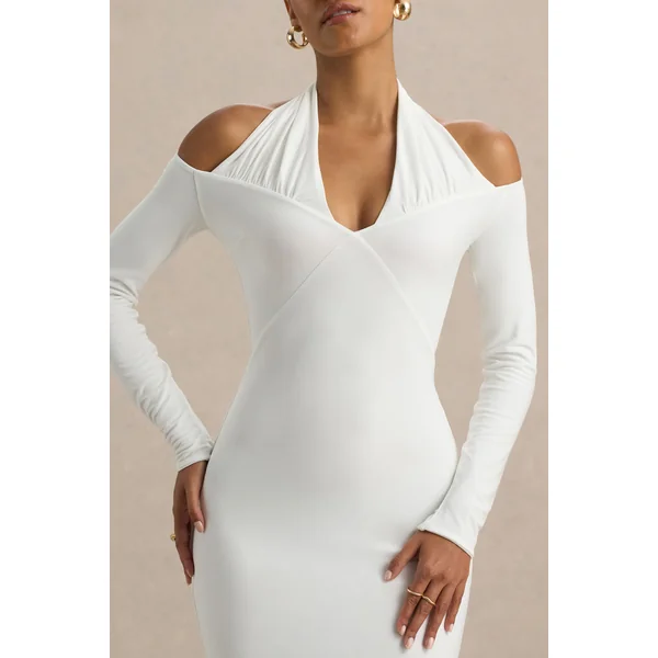 Katrina | Robe longue blanche à décolleté halter avec manches longues