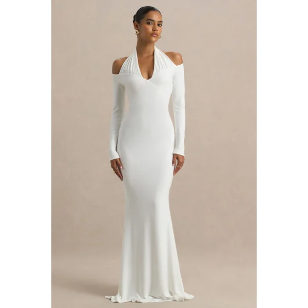 Katrina | Robe longue blanche à décolleté halter avec manches longues