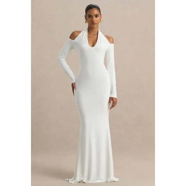 Katrina | Robe longue blanche à décolleté halter avec manches longues