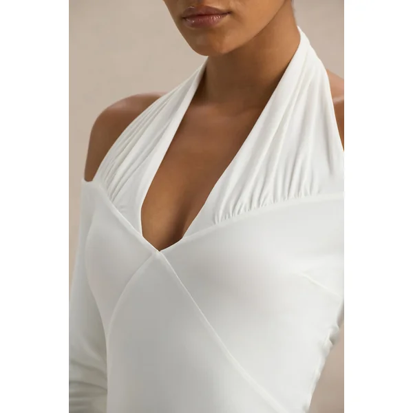 Katrina | Robe longue blanche à décolleté halter avec manches longues