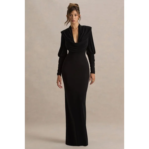 Kaylee | Robe longue noire à col bénitier et détails drapés