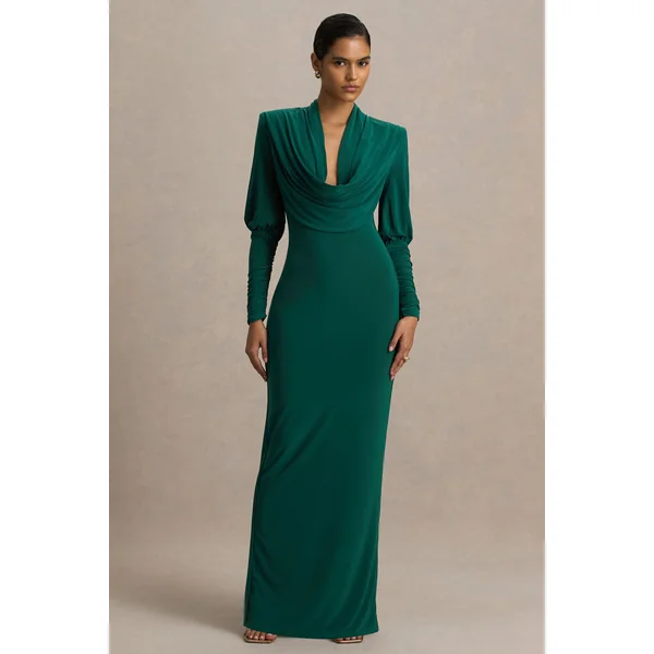 Kaylee | Robe longue vert bouteille à col bénitier avec détails drapés