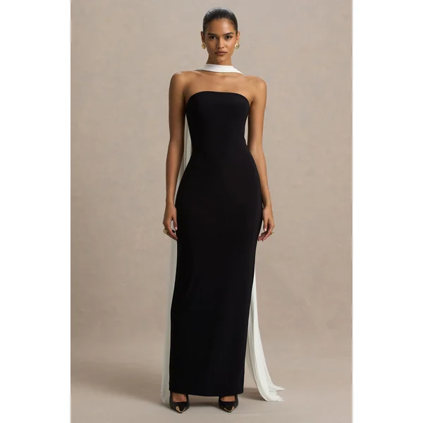 Kelilah | Robe longue noire et blanche à décolleté bandeau avec cape