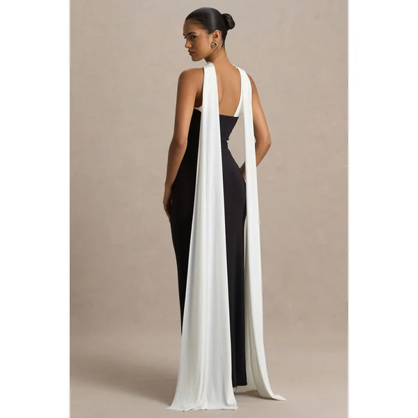 Kelilah | Robe longue noire et blanche à décolleté bandeau avec cape