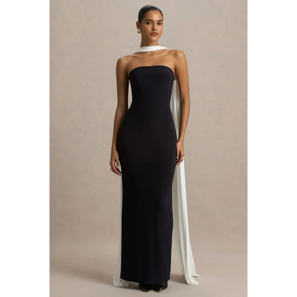 Kelilah | Robe longue noire et blanche à décolleté bandeau avec cape