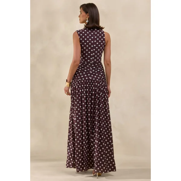 Kelis | Robe longue marron à pois avec col montant et détails drapés