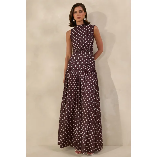 Kelis | Robe longue marron à pois avec col montant et détails drapés