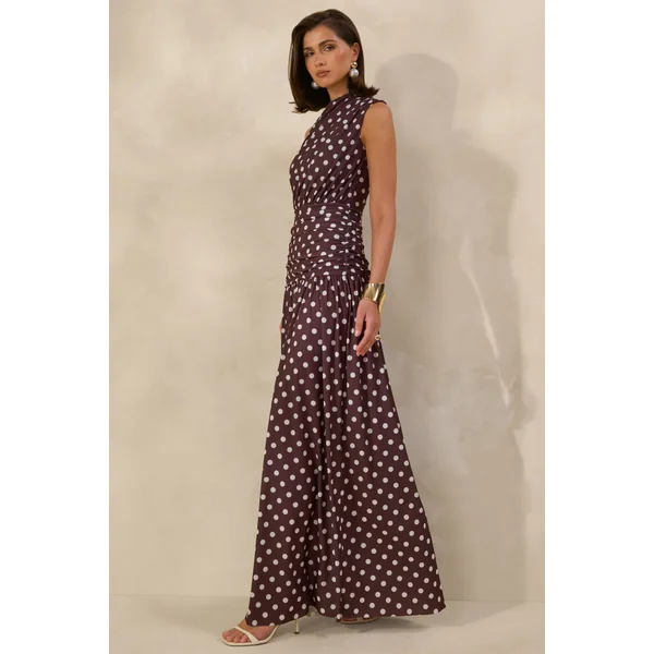 Kelis | Robe longue marron à pois avec col montant et détails drapés