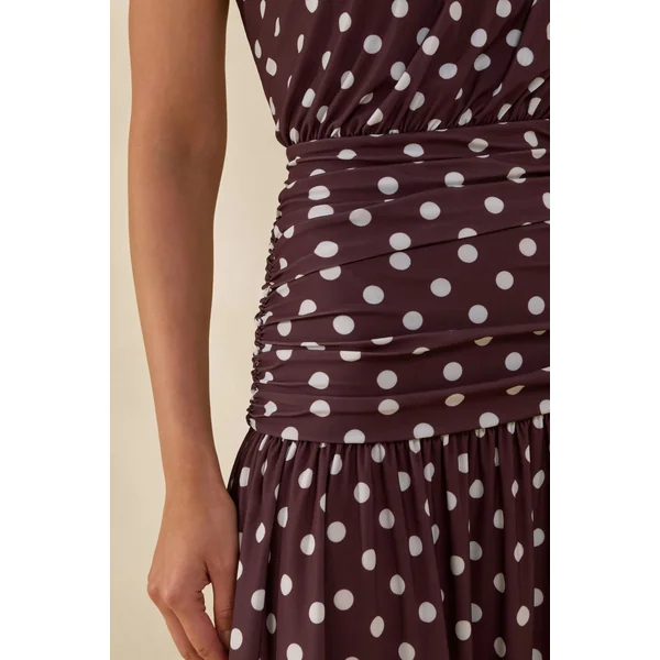 Kelis | Robe longue marron à pois avec col montant et détails drapés