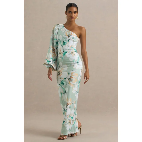 Kellis | Robe longue asymétrique à imprimé floral vert avec manche ballon
