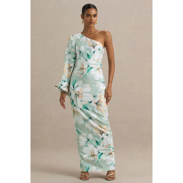 Kellis | Robe longue asymétrique à imprimé floral vert avec manche ballon
