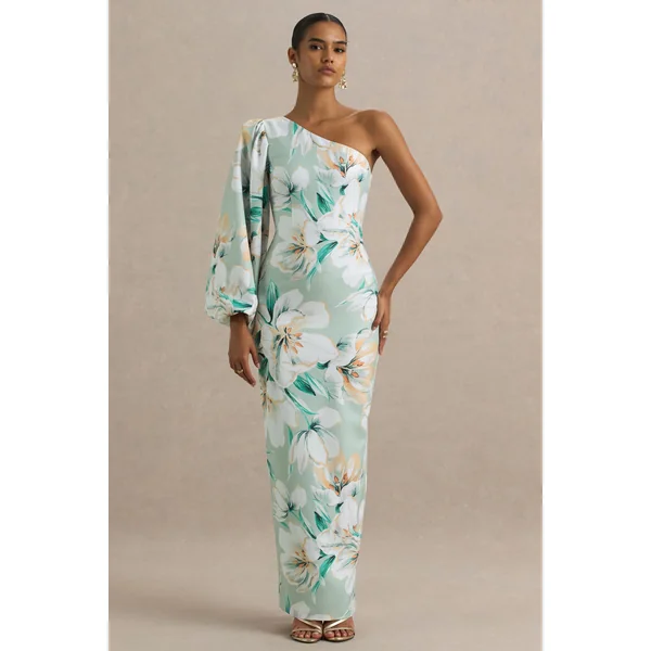 Kellis | Robe longue asymétrique à imprimé floral vert avec manche ballon
