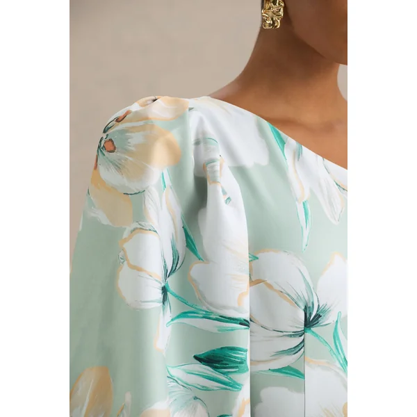 Kellis | Robe longue asymétrique à imprimé floral vert avec manche ballon