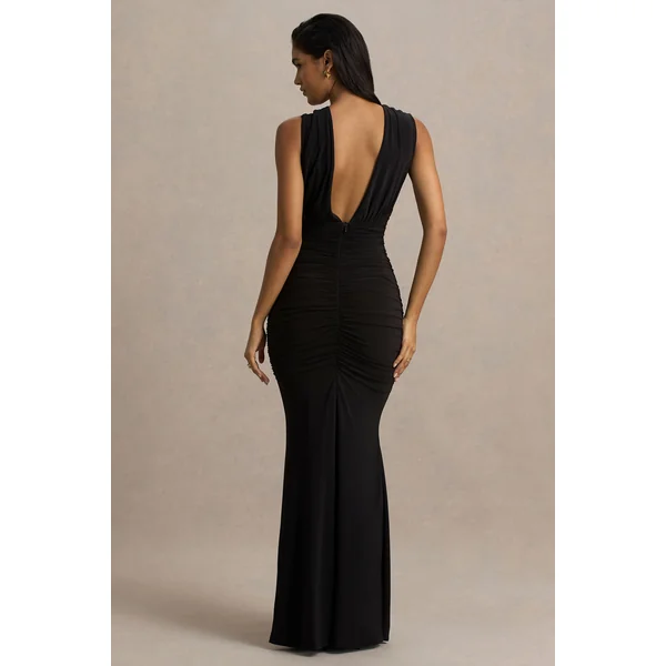 Kendall | Robe longue noire à col montant avec effet drapé et découpe sur la poitrine