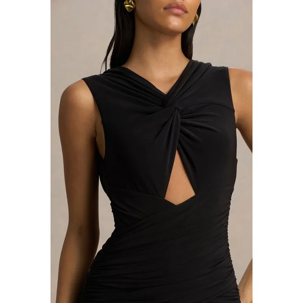 Kendall | Robe longue noire à col montant avec effet drapé et découpe sur la poitrine