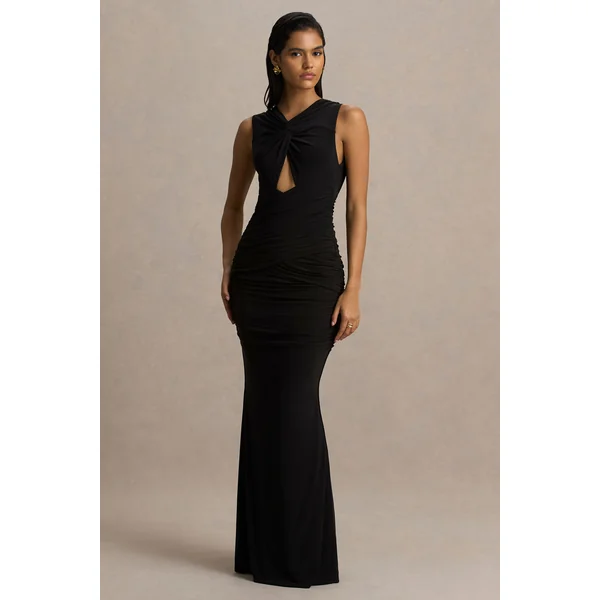 Kendall | Robe longue noire à col montant avec effet drapé et découpe sur la poitrine