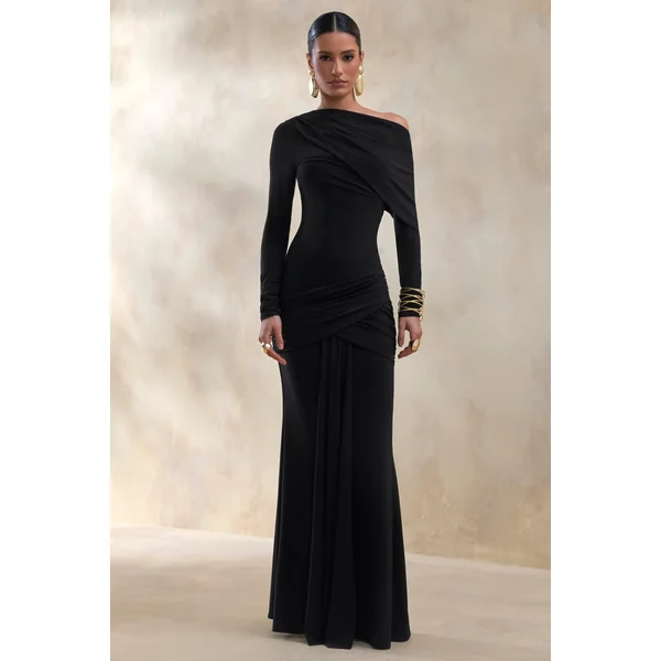 Kessara | Robe longue noire à encolure asymétrique avec écharpe et détails froncés