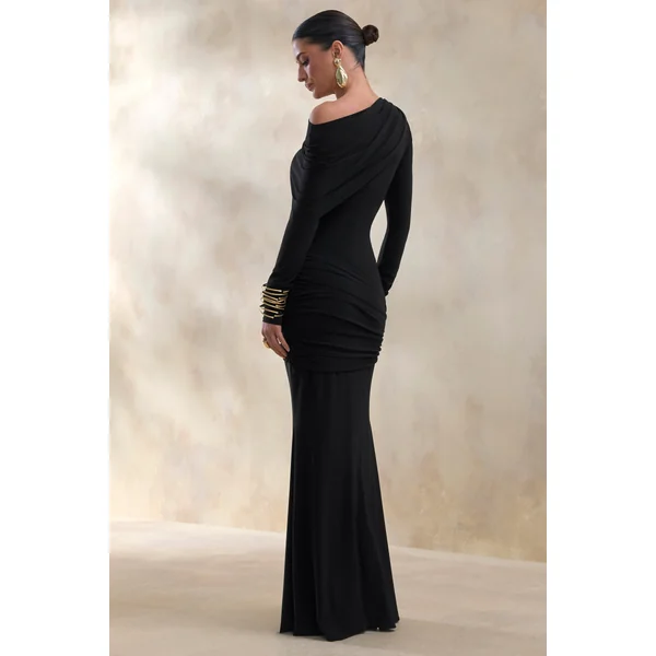 Kessara | Robe longue noire à encolure asymétrique avec écharpe et détails froncés