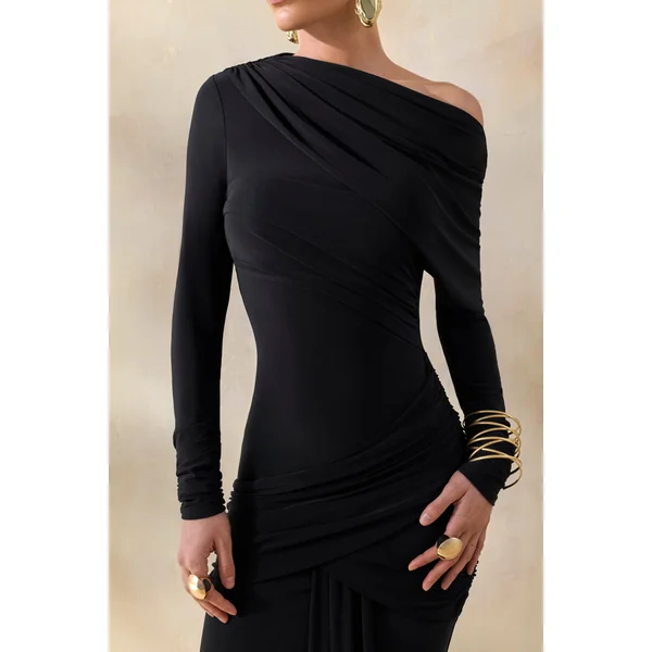 Kessara | Robe longue noire à encolure asymétrique avec écharpe et détails froncés
