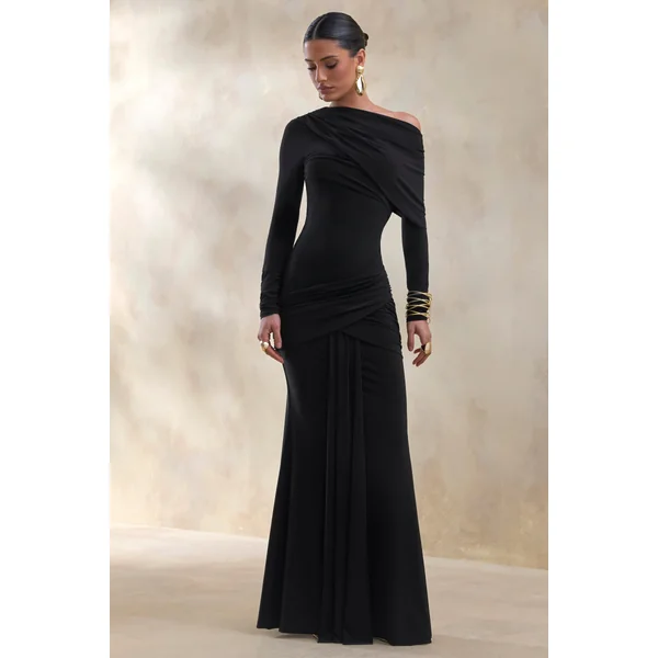 Kessara | Robe longue noire à encolure asymétrique avec écharpe et détails froncés
