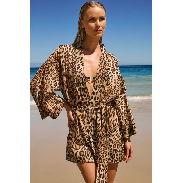 Kimono en coton à imprimé léopard
