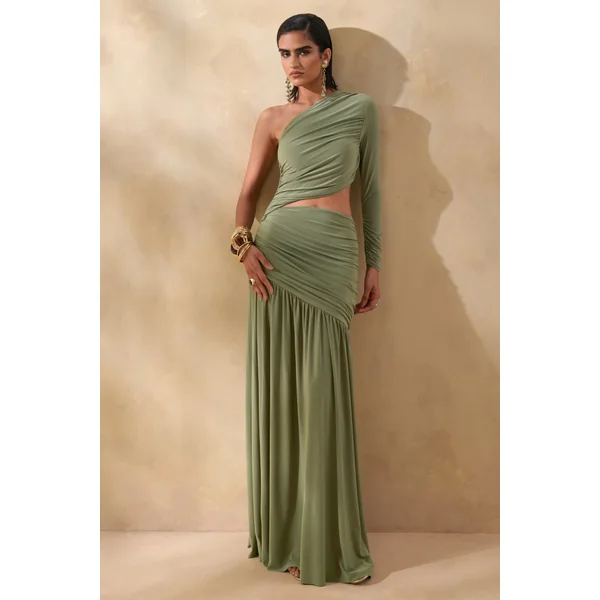 Kinsley | Robe longue olive à encolure asymétrique avec détail ajouré sur le corps