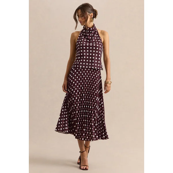 Kiora | Jupe Mi-Longue Marron à Pois en Satin