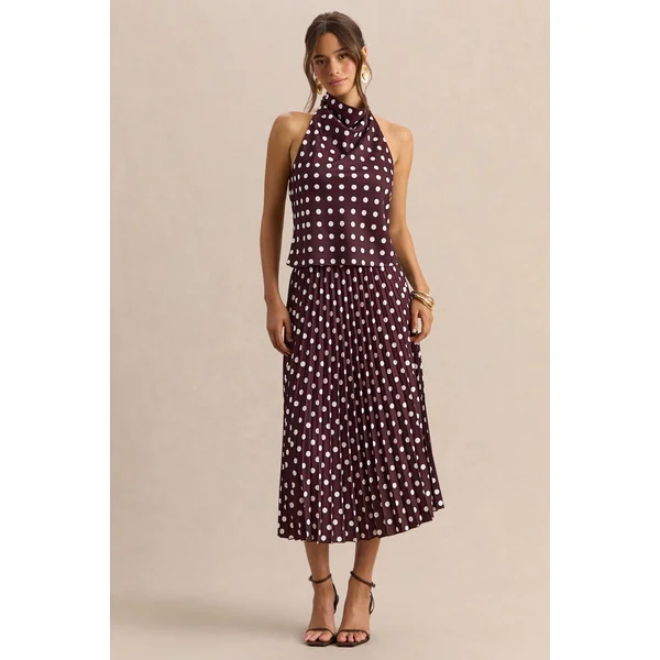 Kiora | Jupe Mi-Longue Marron à Pois en Satin