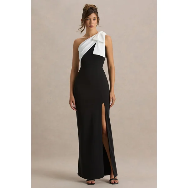 Kiri | Robe longue noire et blanche à une épaule avec nœud
