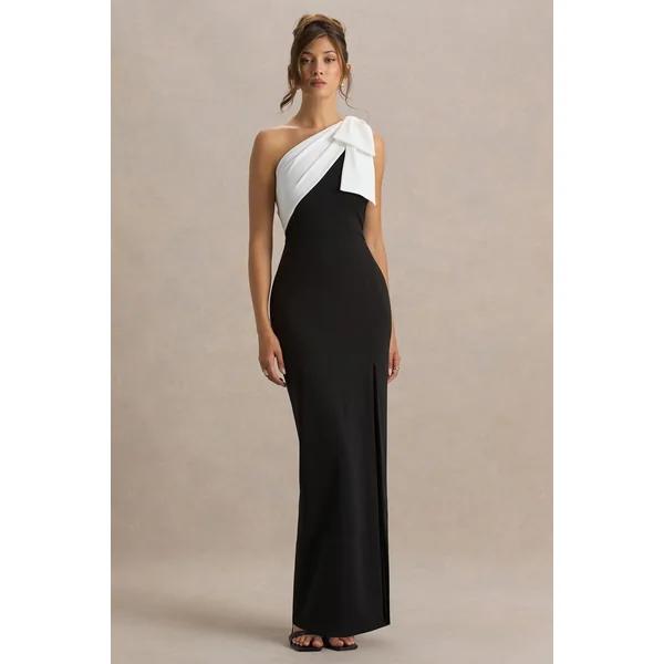 Kiri | Robe longue noire et blanche à une épaule avec nœud