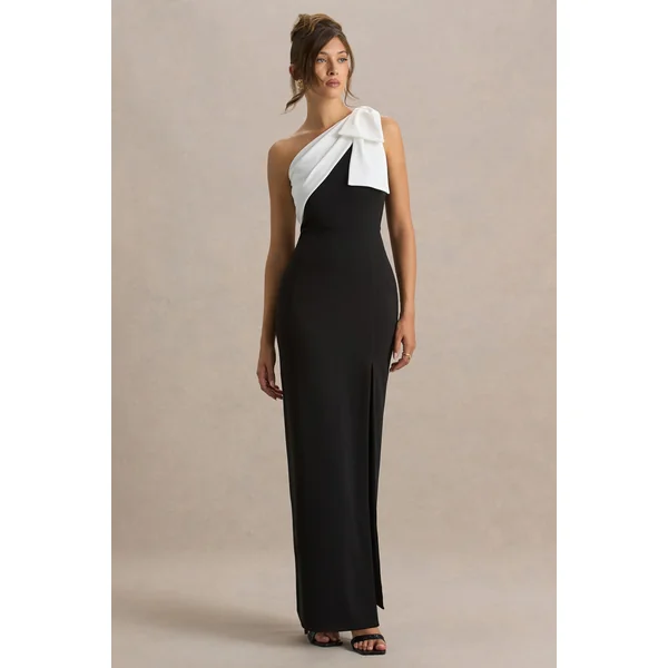 Kiri | Robe longue noire et blanche à une épaule avec nœud