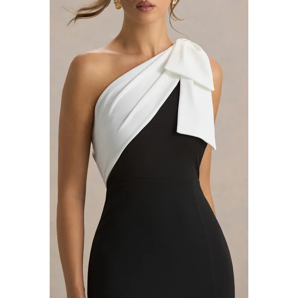Kiri | Robe longue noire et blanche à une épaule avec nœud