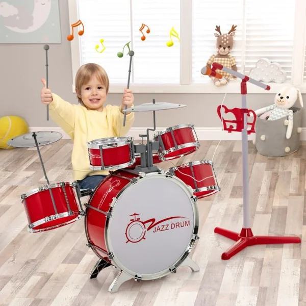 Kit de Batterie Jazz pour Enfants avec 5 Tambours Clavier 8 Clés 11 Touches de Fonction pour Débutants 3 Ans+ Rouge