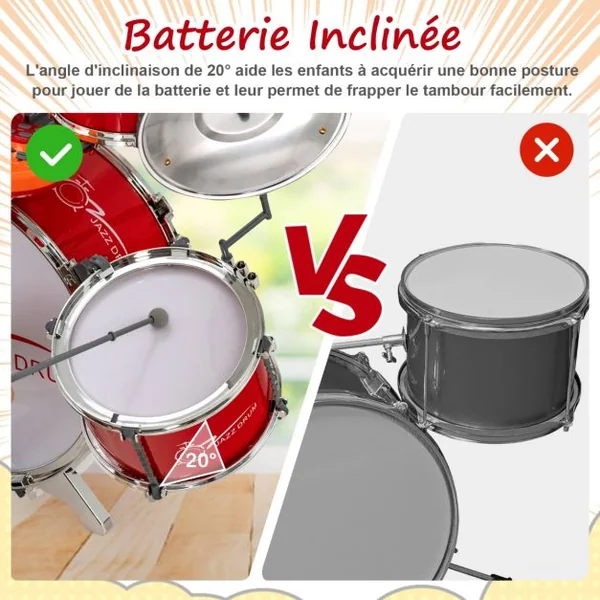 Kit de Batterie Jazz pour Enfants avec 5 Tambours Clavier 8 Clés 11 Touches de Fonction pour Débutants 3 Ans+ Rouge