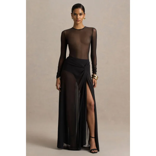 Koami | Robe longue noire à manches longues avec fronces et fente haute