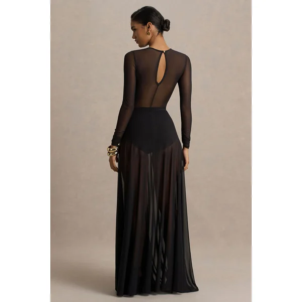 Koami | Robe longue noire à manches longues avec fronces et fente haute