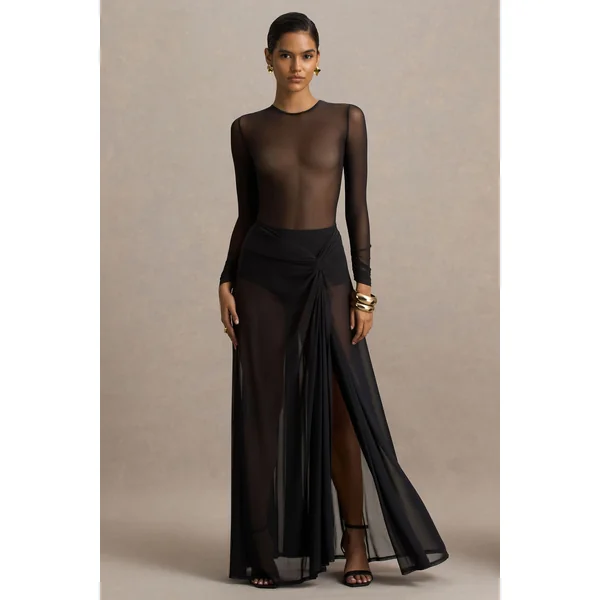 Koami | Robe longue noire à manches longues avec fronces et fente haute