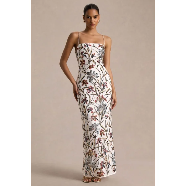 Kyle | Robe Longue Crème à Encolure Carrée Ornée de Sequins et de Fleurs